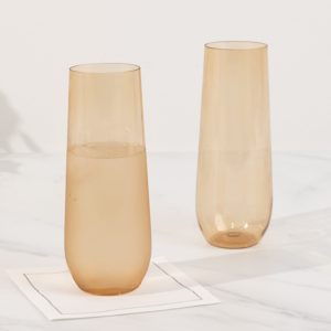 12 Pack Plastic Champagne Flutes in Amber Gold, Reusable Lightweight Champagne Glass 9oz