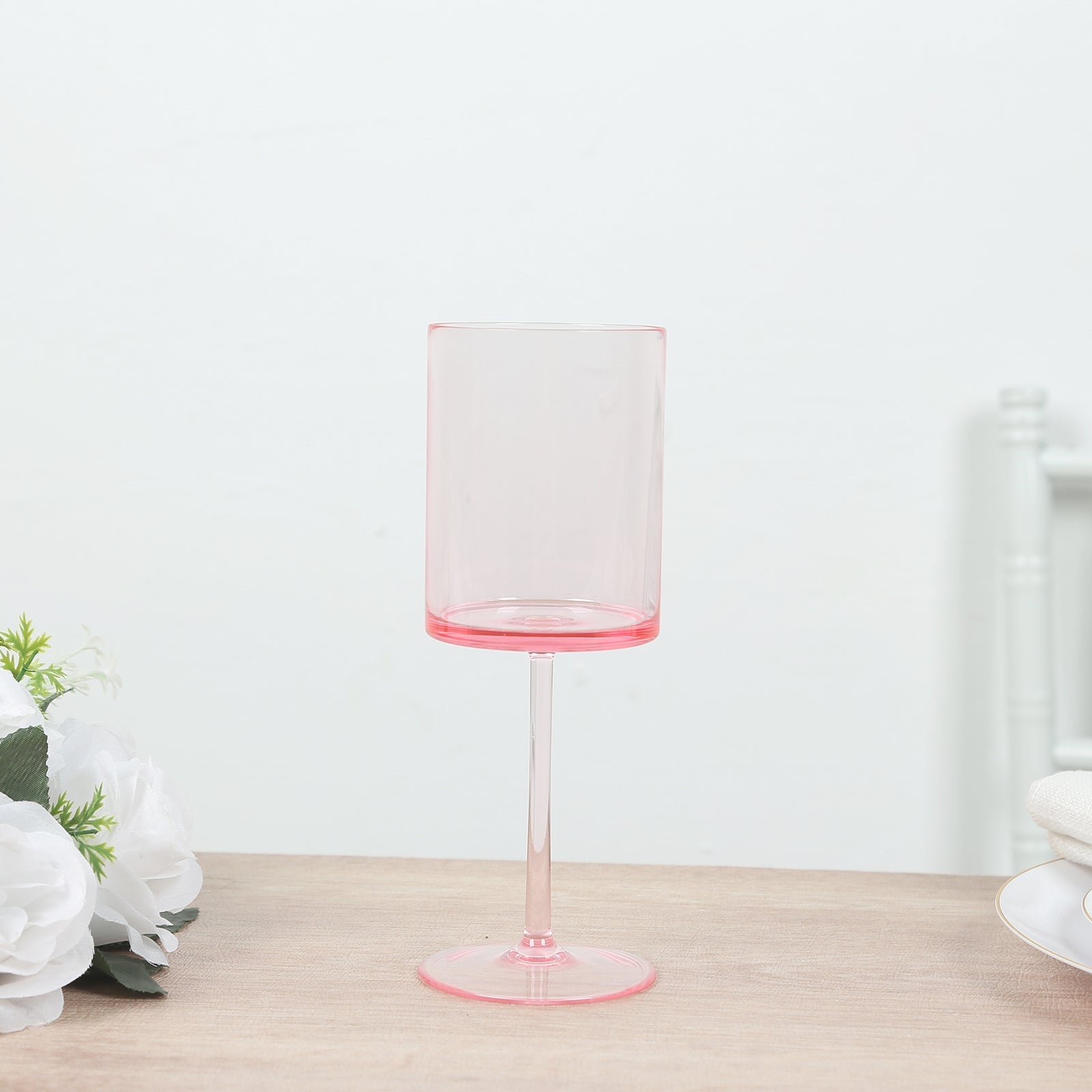 6-Pack Transparent Blush Plastic Cylindrical Wine Glasses 10oz, Long Stem - Shatterproof Reusable Cocktail Glasses
